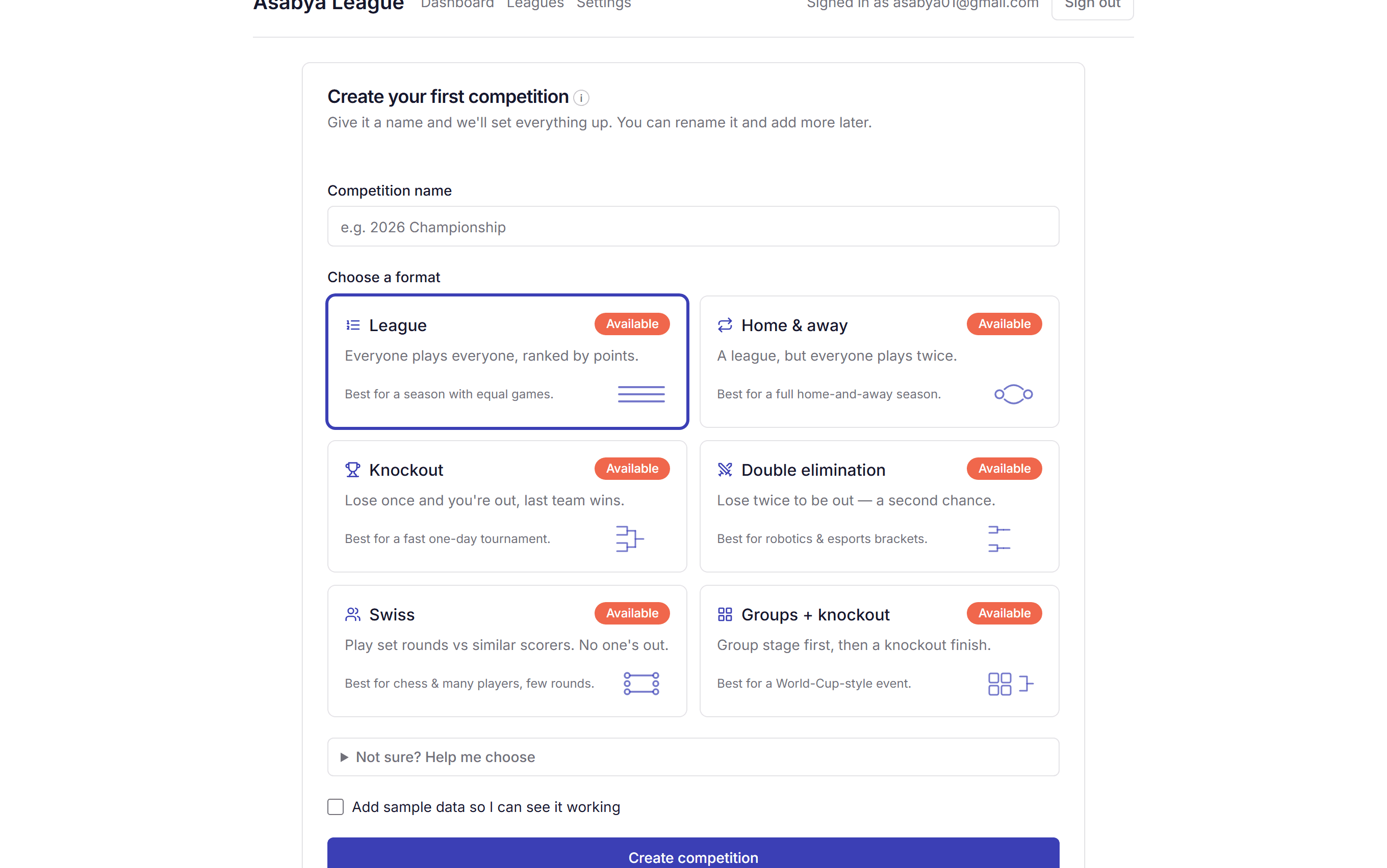Asabya League’s new-competition screen: six format cards (League, Home & away, Knockout, Double elimination, Swiss, Groups + knockout), all marked Available, plus a “Not sure? Help me choose” helper